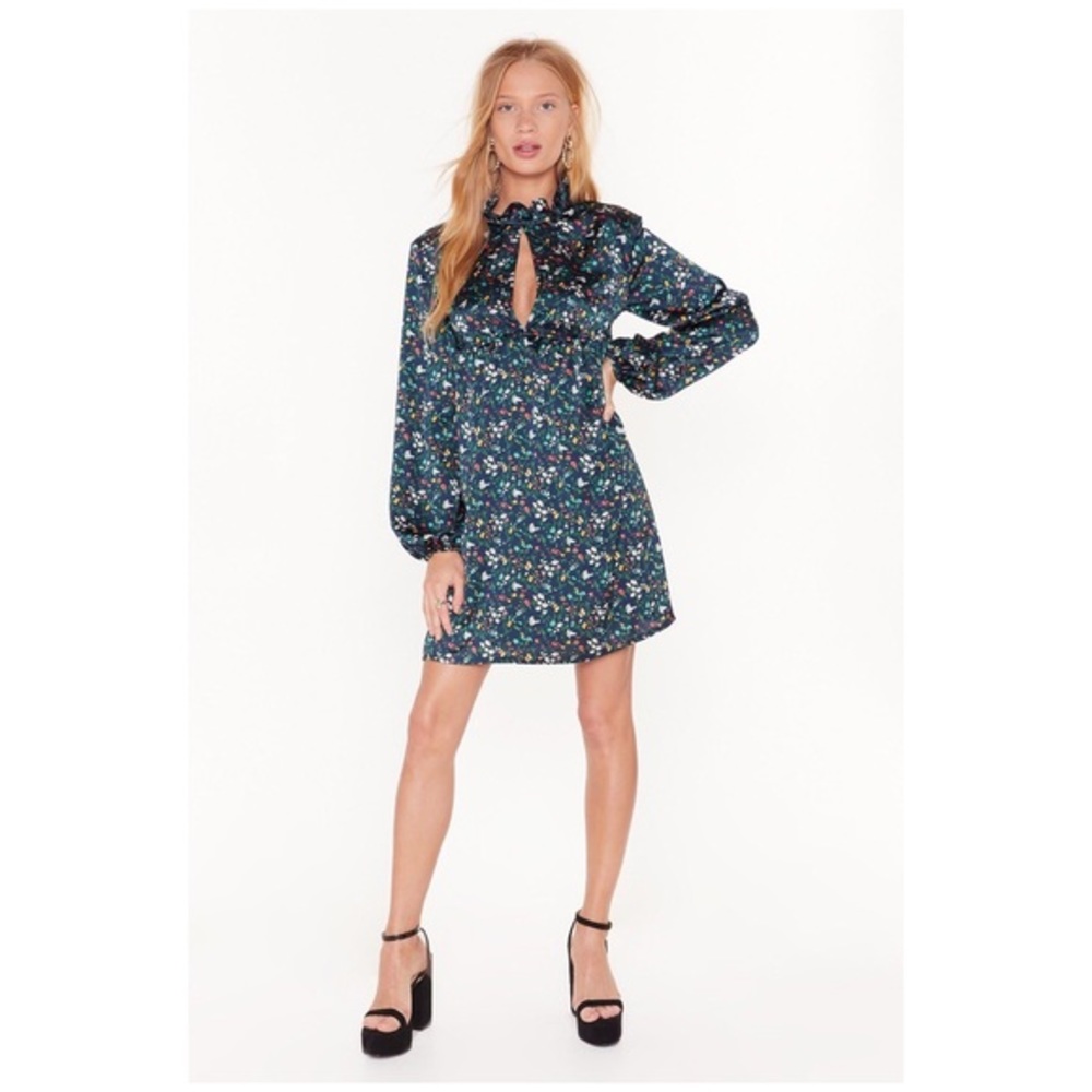 Nasty Gal Teal Flower Satin Mini Dress Sz 4, NWT